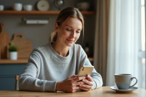 Femme consultant l'application Doctolib sur son smartphone pour activer une alerte de disponibilité de rendez-vous médical