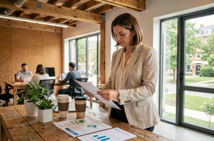 Femme professionnelle analysant des rapports sur l'économie durable dans un bureau éco-responsable avec des matériaux naturels