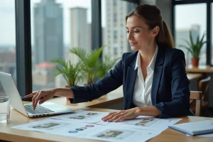 Femme professionnelle analysant des documents immobiliers sur un bureau moderne pour un investissement réussi en 2024