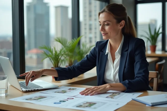 Femme professionnelle analysant des documents immobiliers sur un bureau moderne pour un investissement réussi en 2024