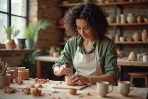 Femme peignant un pot en céramique dans un atelier artisanal, loisir créatif et activité manuelle pour occuper son temps libre