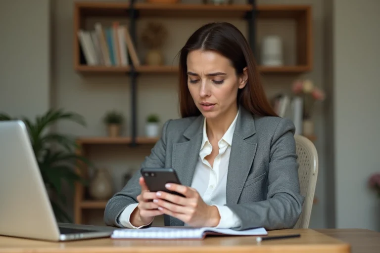 Femme consultant son smartphone pour gérer un appel manqué depuis un bureau à domicile
