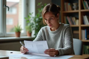 Femme consultant des documents bancaires Cetelem à son bureau pour gérer un compte suspendu