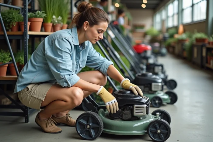 Femme comparant deux tondeuses thermiques dans un magasin de jardinage, lisant les fiches techniques avant un achat