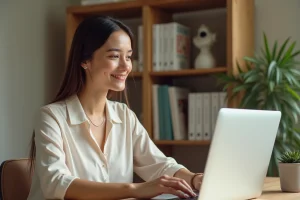 Femme consultant un sitemap de site mariage sur un ordinateur portable dans un bureau à domicile