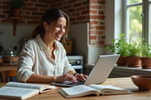 Femme consultant le sitemap d'un blog de recettes culinaires sur un ordinateur portable dans une cuisine en brique avec des livres de cuisine ouverts
