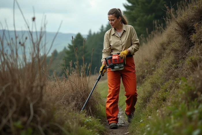 Femme utilisant une débroussailleuse thermique pour dégager des broussailles épaisses sur un terrain en pente