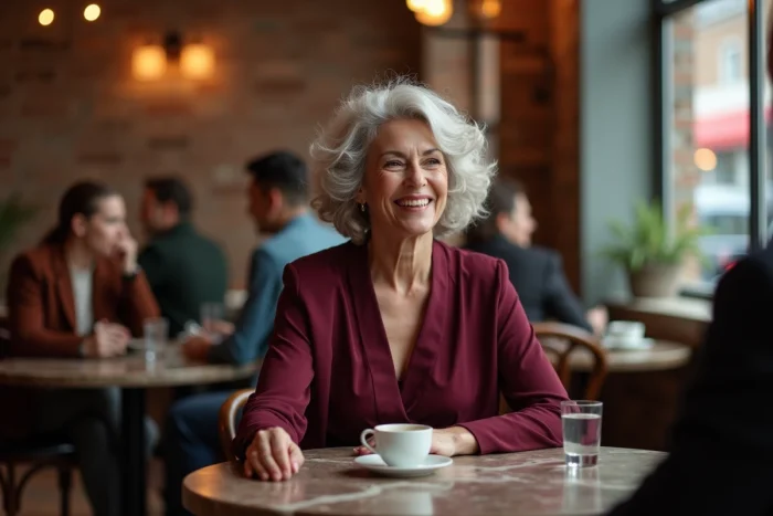 Femme élégante aux cheveux bouclés argentés savourant un espresso dans un café chic, sourire naturel et style raffiné
