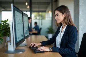 Femme entrepreneur travaillant sur des services web sur mesure dans un espace de coworking moderne