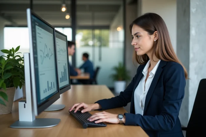 Femme entrepreneur travaillant sur des services web sur mesure dans un espace de coworking moderne