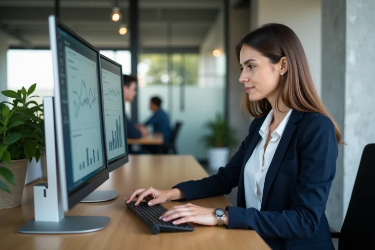 Femme entrepreneur travaillant sur des services web sur mesure dans un espace de coworking moderne