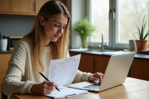 Femme gérant son budget mensuel à la table de cuisine avec un carnet et un ordinateur portable