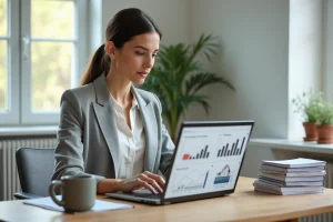 Femme investissant dans l'immobilier en ligne sur son ordinateur portable dans un bureau à domicile