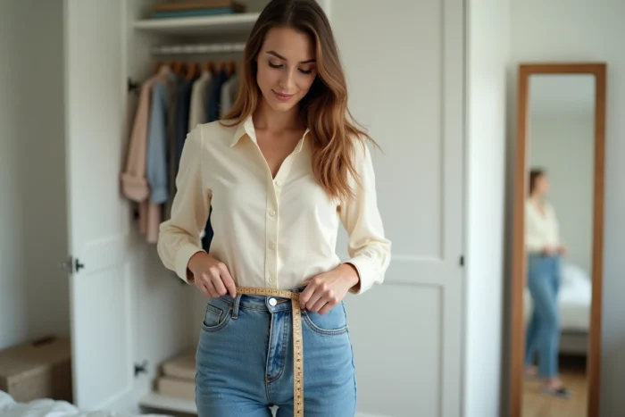 Femme mesurant son tour de taille avec un mètre ruban pour choisir sa taille sur Zalando