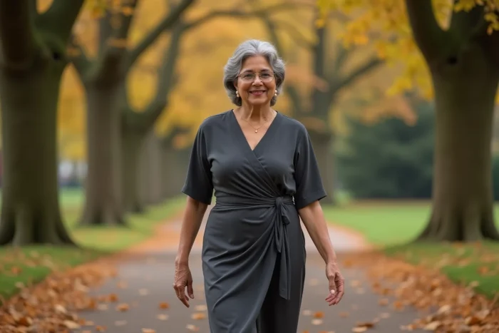 Femme d'origine indienne en robe moderne marchant dans un parc anglais aux couleurs automnales avec feuilles dorées au sol