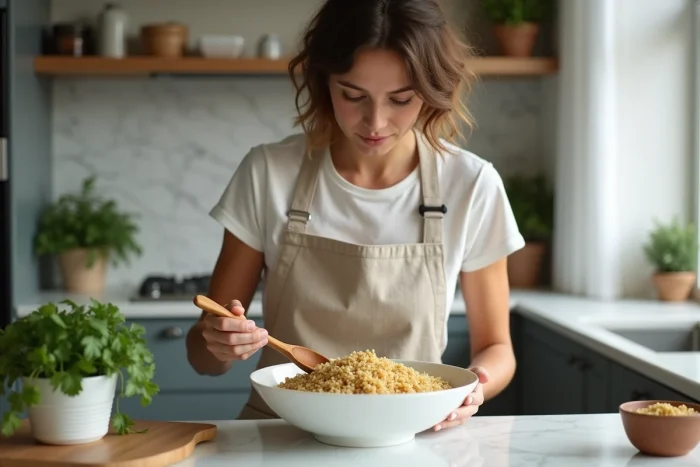 Femme mélangeant un taboulé industriel décongelé dans un bol en céramique blanche dans une cuisine moderne