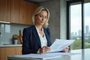 Femme professionnelle examinant des plans architecturaux dans un appartement rénové moderne avec vue sur la ville, tendances immobilières 2024