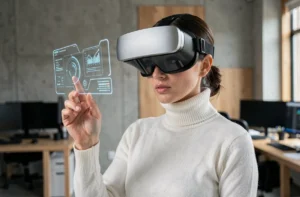 Femme portant un casque de réalité augmentée dans un studio technologique moderne, illustrant les innovations tech de 2024