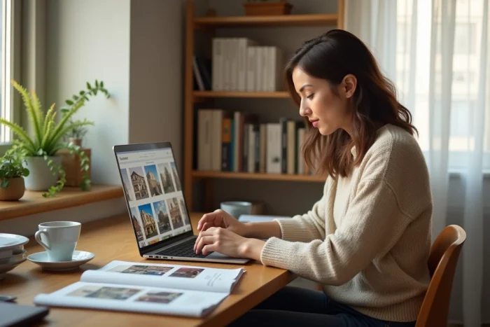 Femme consultant des offres de location immobilière sur un ordinateur portable dans un bureau à domicile cosy