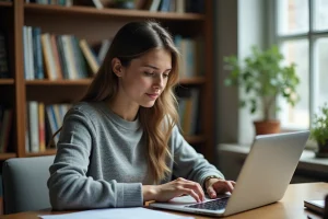 Jeune femme recherchant le mot Sorlav sur son ordinateur portable dans un bureau à domicile