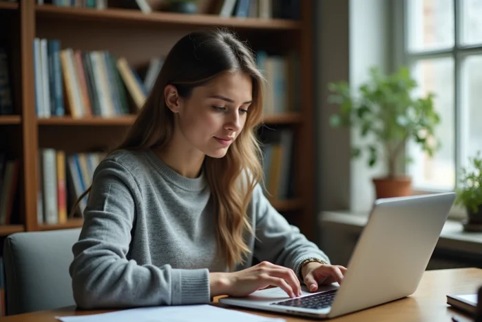 Jeune femme recherchant le mot Sorlav sur son ordinateur portable dans un bureau à domicile