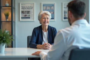Une femme senior discute du prix de son appareil auditif Audika avec un audiologiste dans une clinique moderne
