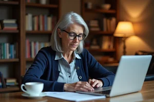 Femme senior consultant ses documents SNCF à son bureau pour renouveler sa carte Avantage Senior