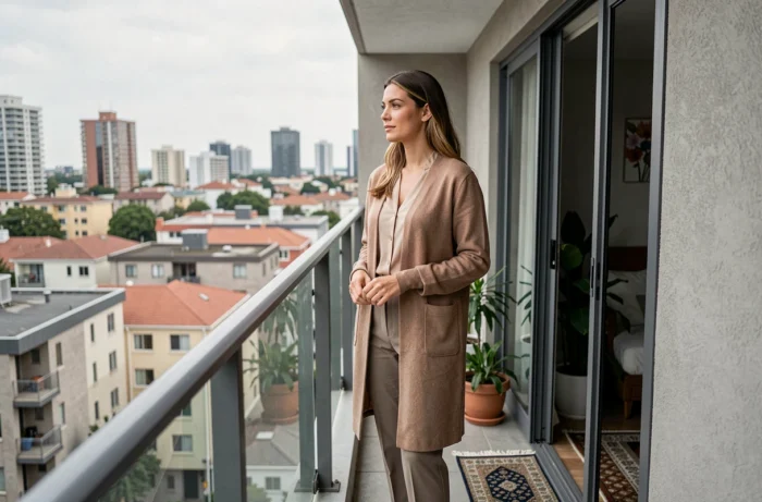 Jeune femme célibataire réfléchissant seule sur son balcon en ville, cadre urbain contemporain