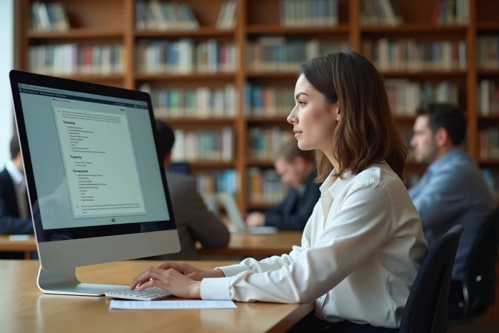 Femme recherchant des informations sur un mariage via un sitemap dans une bibliothèque publique