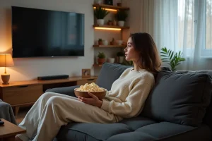 Jeune femme regardant un film en streaming sur un grand téléviseur OLED dans un salon moderne et cosy