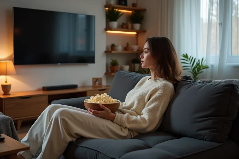 Jeune femme regardant un film en streaming sur un grand téléviseur OLED dans un salon moderne et cosy