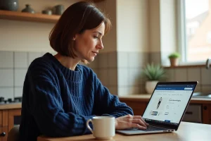 Femme consultant le suivi de commande Damart sur un ordinateur portable dans une cuisine chaleureuse