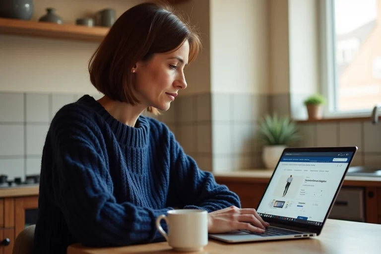 Femme consultant le suivi de commande Damart sur un ordinateur portable dans une cuisine chaleureuse