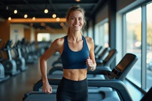 Femme reprenant le sport sur un tapis de course dans une salle de fitness moderne avec abonnement sans engagement