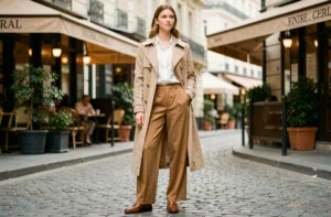 Femme élégante en trench coat beige et pantalon large camel dans une rue pavée parisienne, style mode tendance automne