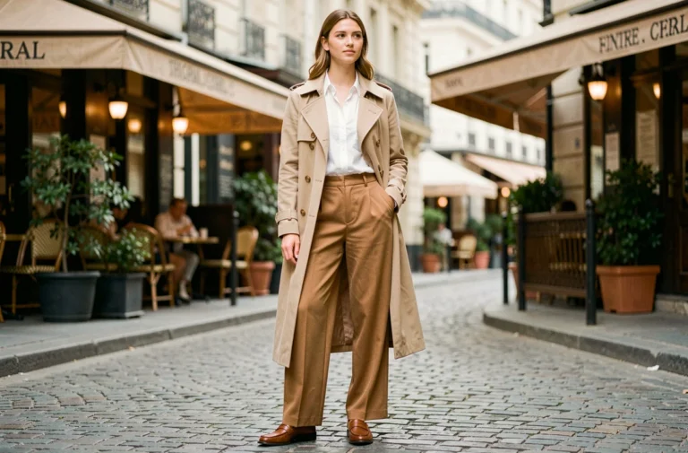 Femme élégante en trench coat beige et pantalon large camel dans une rue pavée parisienne, style mode tendance automne