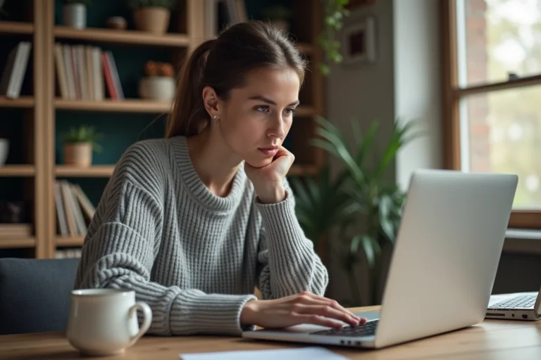 Femme analysant la fiabilité d'une plateforme d'achat en ligne sur son ordinateur portable