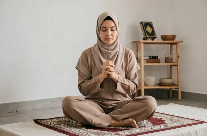 Femme voilée en prière dans sa chambre, illustration de la vie spirituelle d'une femme musulmane célibataire