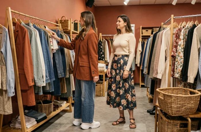 Deux femmes tendance explorant des vêtements vintage dans une boutique de seconde main stylée, mode durable et look contemporain