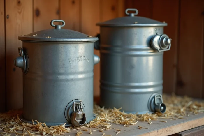 Mangeoire métallique à fermeture hermétique et bac de stockage de grain verrouillé avec cadenas dans un poulailler en bois