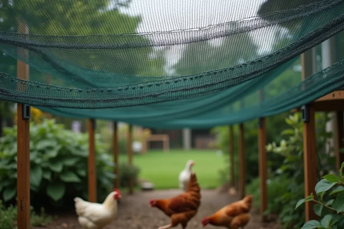 Filet anti-oiseaux à mailles fines tendu au-dessus d'un enclos à poules, fixé sur des poteaux en bois avec des attaches métalliques