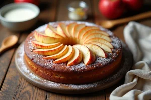 Gâteau au yaourt pomme maison posé sur une table en bois rustique avec un bol et une cuillère en bois