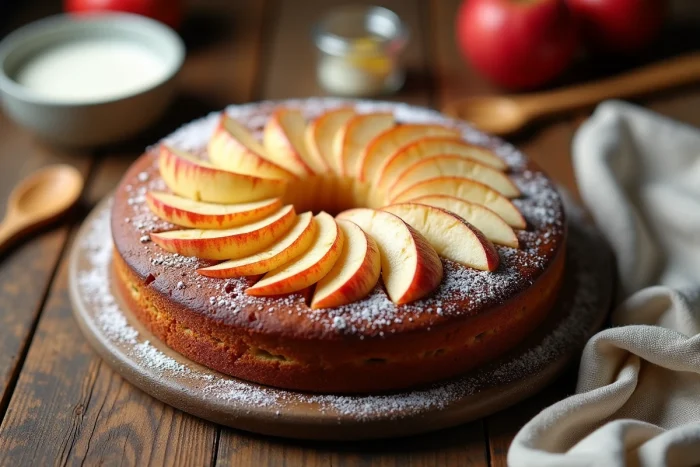 Gâteau au yaourt pomme maison posé sur une table en bois rustique avec un bol et une cuillère en bois
