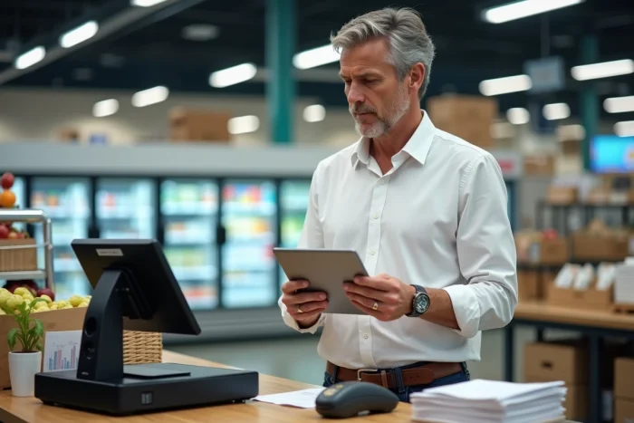 Gérant de magasin analysant les données de vente sur une caisse enregistreuse et tablette dans une épicerie