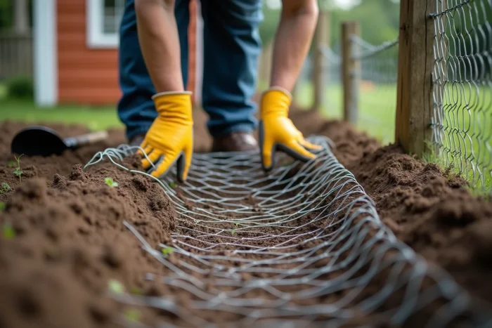 Grillage métallique enterré dans une tranchée autour du périmètre d'un enclos à poules pour empêcher les intrusions souterraines