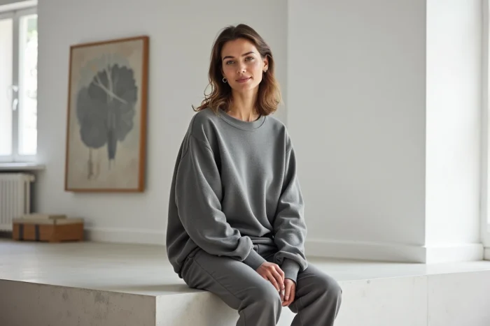 Femme en pull oversize et pantalon gris fumé dans un intérieur minimaliste scandinave, illustrant la tendance gris fumé comme alternative au gris classique en automne hiver