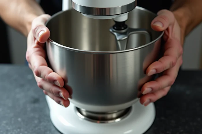 Gros plan sur les mains tenant le bol en inox d'un robot pâtissier Kenwood, démonstration du geste de déverrouillage