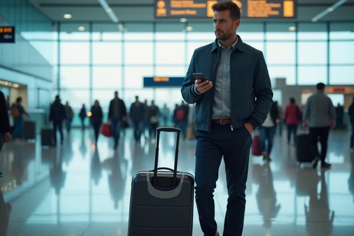 Homme consultant son billet d'avion numérique dans un terminal d'aéroport international moderne