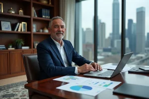 Homme d'affaires prospère assis à un bureau directorial avec des documents financiers et des graphiques, illustrant une fortune estimée