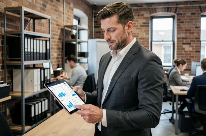 Homme d'affaires consultant une solution B2B sur tablette dans un espace de coworking moderne aux murs en brique